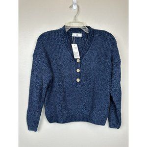 Sweaters for Women V Neck Long Sleeve Pullover Knit Top With 3 Buttons Blue